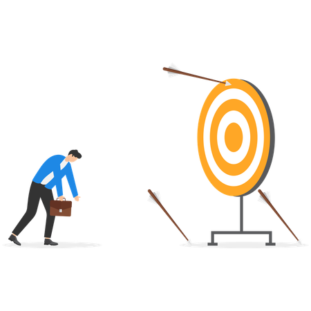 Sad male employee aiming target with bow and arrows  Illustration