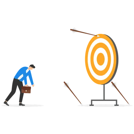 Sad male employee aiming target with bow and arrows  Illustration