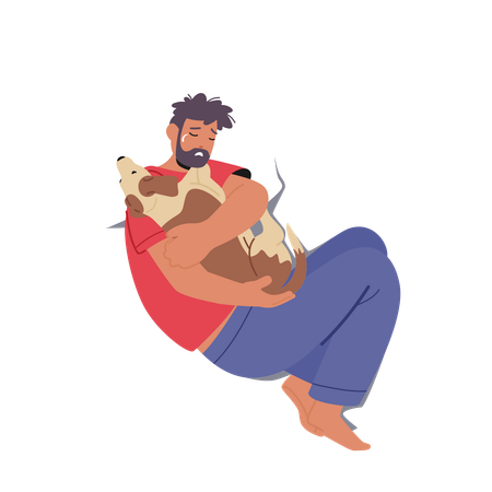 Sad Male Hugging A Dog  Illustration