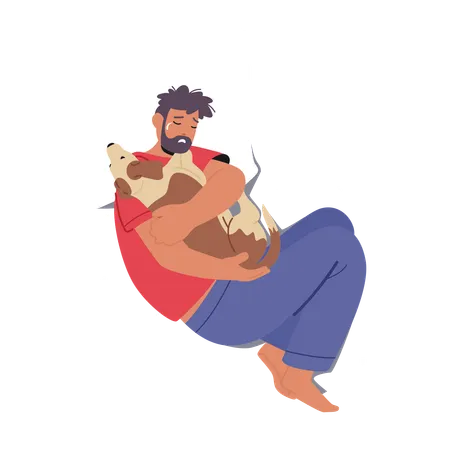 Sad Male Hugging A Dog  Illustration