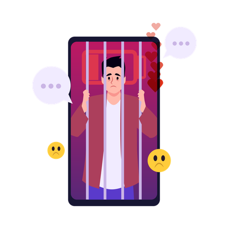 Sad man behind bars in the phone many likes online psychological addiction to gadgets  Illustration
