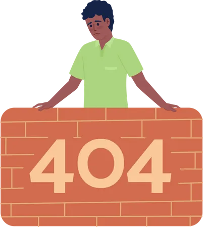 벽돌 벽 뒤에 있는 슬픈 남자 404 페이지 그림을 찾을 수 없습니다 흰색의 가이 플랫 벡터 2 D 만화 캐릭터 응용 프로그램 웹 UX UI 디자인에 대한 편집 가능한 오류 플래시 메시지입니다 Catamaran Bold 글꼴이 사용되었습니다 일러스트레이션