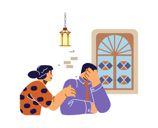 Sad man covers face with hand at church  Illustration