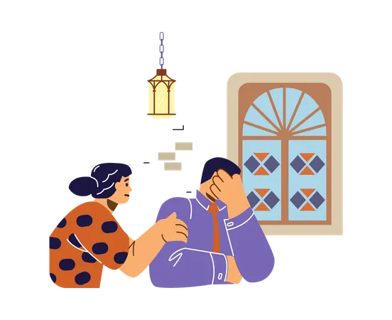 Sad man covers face with hand at church  Illustration