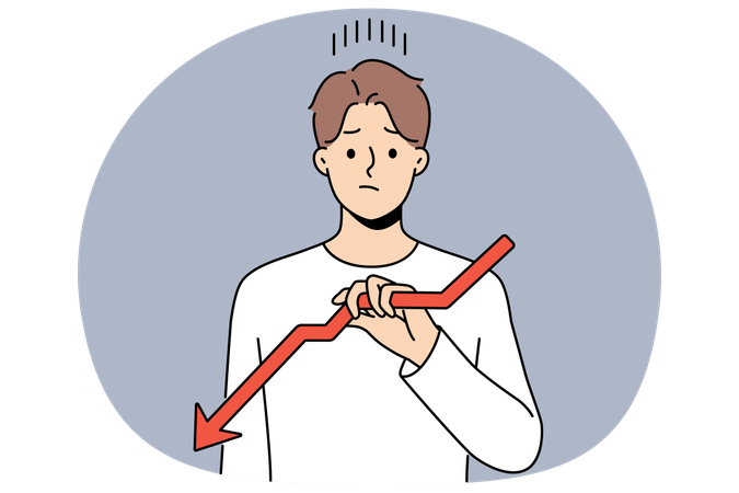 Sad man holding declining chart symbolizing beginning crisis and financial recession affecting income  Illustration