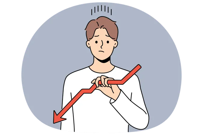 Sad man holding declining chart symbolizing beginning crisis and financial recession affecting income  Illustration