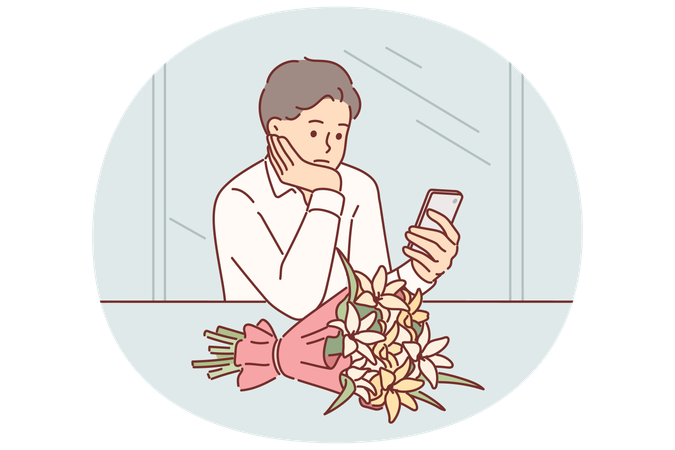 デートに遅れた彼女を待っている悲しい男  イラスト