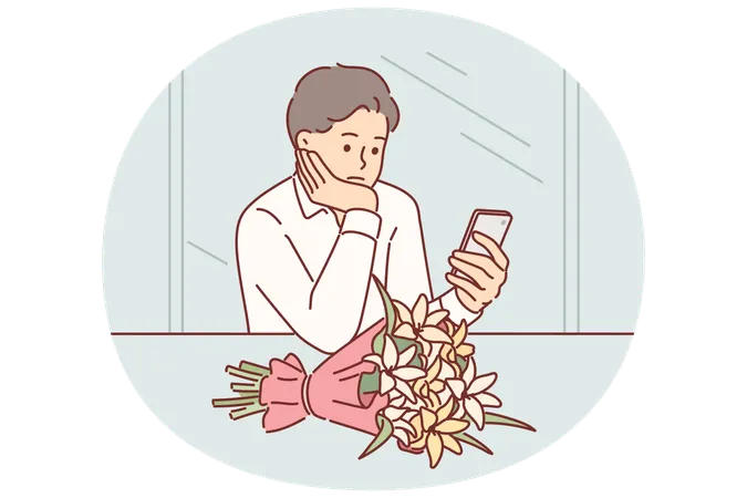 デートに遅れた彼女を待っている悲しい男  イラスト