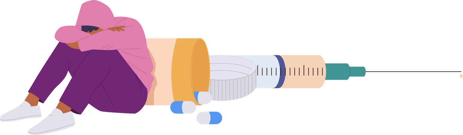 Sad man sitting on huge syringe suffering from narcotic drugs addiction  Illustration