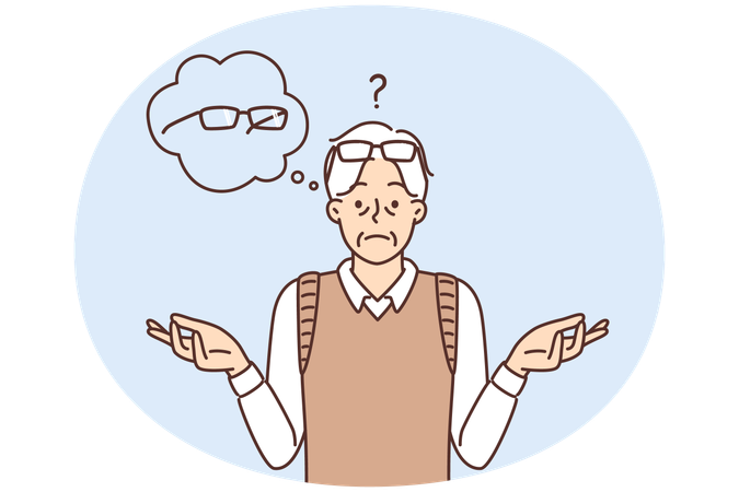 Sad man spreads arms thinking about glasses that have ceased to solve vision problems  Illustration