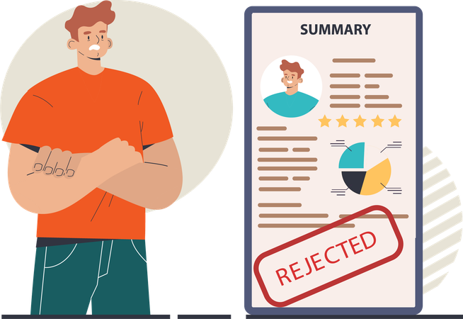 Sad man standing with his rejected resume application document  Illustration