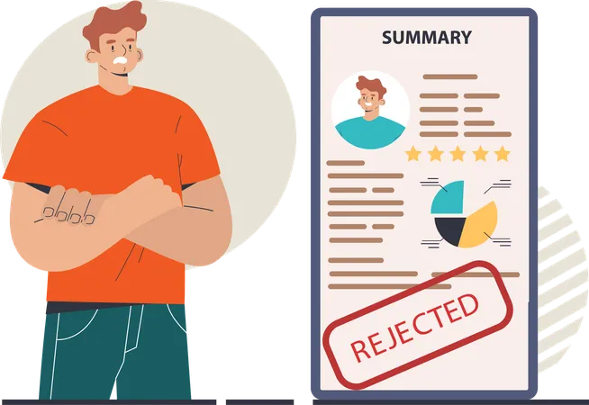 Sad man standing with his rejected resume application document  Illustration