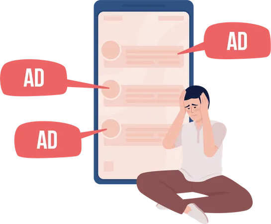 Sad man tired of annoying ads  Illustration