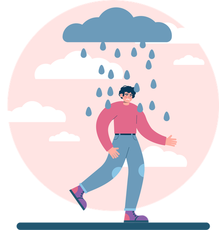 Sad man walking in heavy rain  Illustration