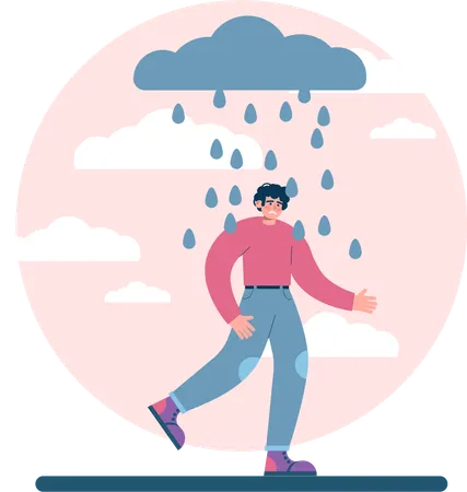 Sad man walking in heavy rain  Illustration