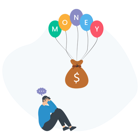 Sad man watching money flying away with balloons  Illustration