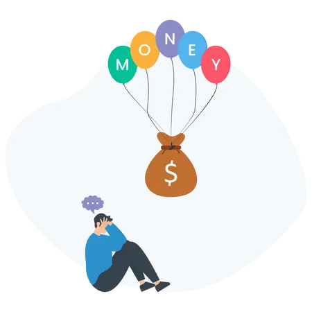 Sad man watching money flying away with balloons  Illustration