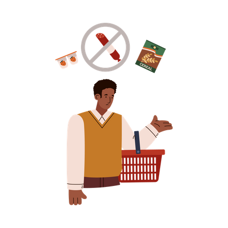 Sad man with empty shopping basket due to global food shortage  イラスト