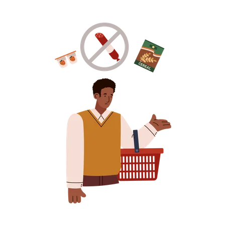 Sad man with empty shopping basket due to global food shortage  Illustration