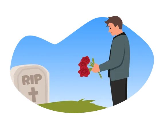 Sad man with  funeral flowers on the gravestone burial  Illustration