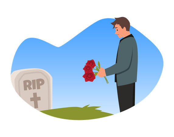 Sad man with  funeral flowers on the gravestone burial  Illustration