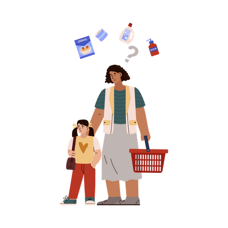 Sad mother with daughter holding empty shopping basket  Illustration