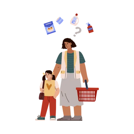Sad Mother With Daughter Holding Empty Red Shopping Basket Flat Style Vector Illustration Isolated On White Background Food Crisis Concept Essential Goods Question Mark Illustration