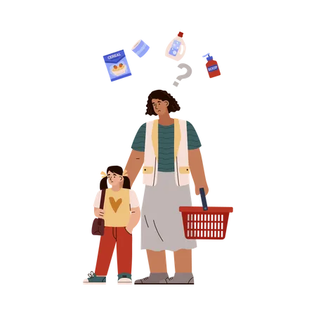 Sad mother with daughter holding empty shopping basket  Illustration