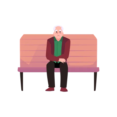 Sad old lonely man sitting on bench  Illustration