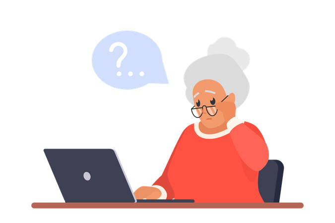 Sad old woman sitting with laptop  Illustration