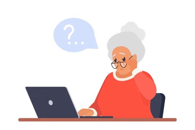 Sad Old Woman Sitting With Laptop Vector Illustration Cartoon Isolated Elderly Character With Glasses And Question Mark Over Head Inside Bubble Confused Grandmother In Doubt How To Use Computer Illustration