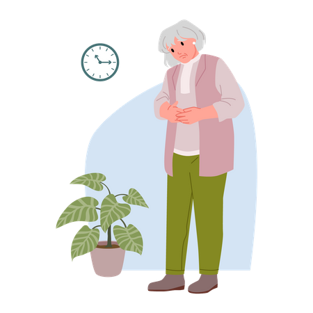 Sad old woman standing near plant  Illustration