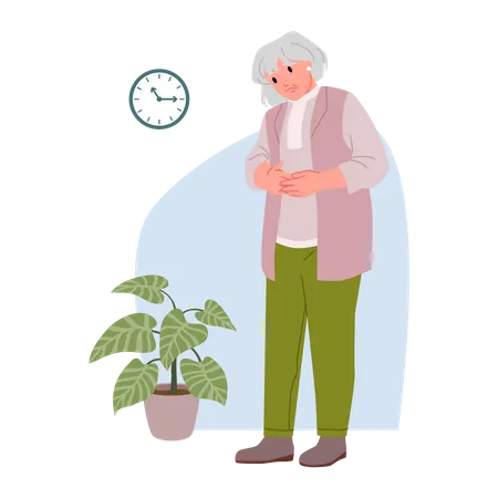 Sad old woman standing near plant  Illustration