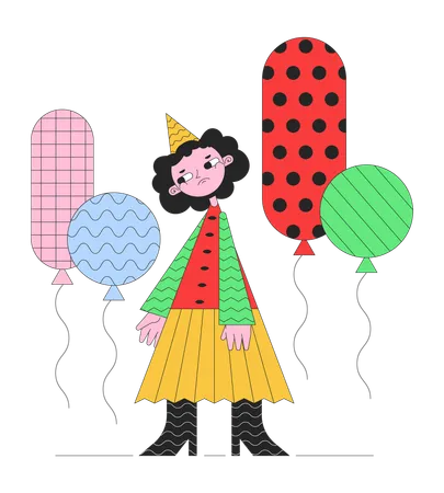 Sad Party Girl 2 D Linear Illustration Concept Floating Balloons Groovy Cartoon Character Isolated On White Cute Geometric Figure Depressed Birthday Metaphor Abstract Flat Vector Outline Graphic Illustration