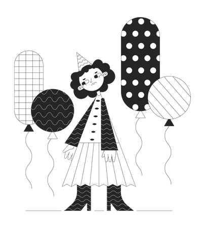 Sad Party Girl Black And White 2 D Illustration Concept Floating Balloons Groovy Cartoon Outline Character Isolated On White Cute Geometric Figure Depressed Birthday Metaphor Monochrome Vector Art Illustration