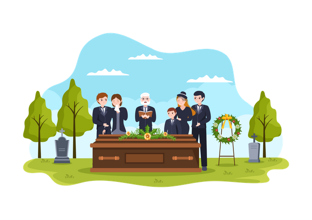 Sad People in Black Clothes Standing and Wreath Around Coffin Illustration