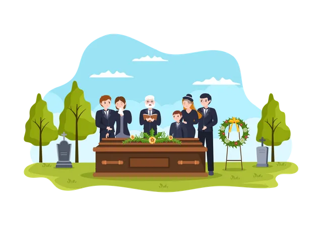 Sad People in Black Clothes Standing and Wreath Around Coffin  Illustration