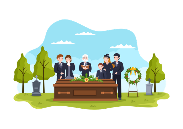 Sad People in Black Clothes Standing and Wreath Around Coffin  Illustration