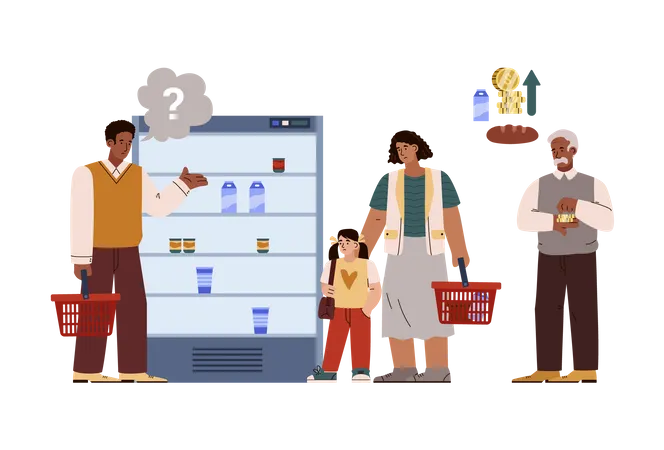Sad people in supermarket due to global food shortage  Illustration