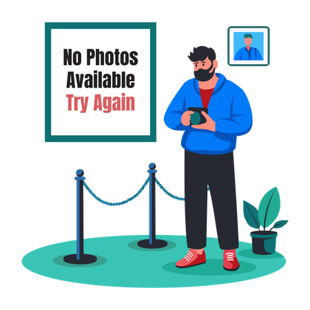 Sad photographer with no photo available try again  Illustration