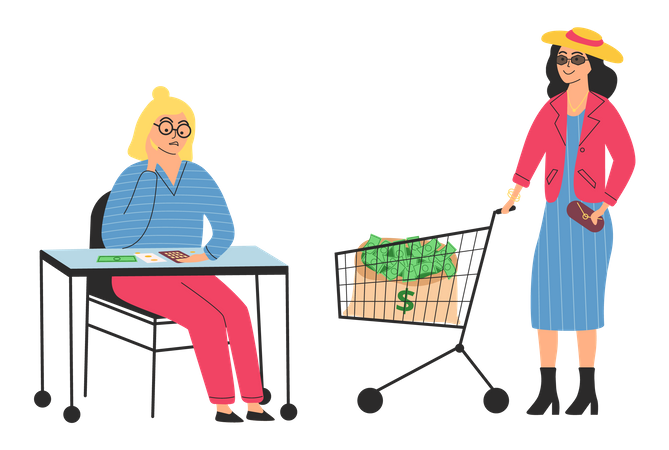 Sad poor girl saving money and happy rich woman with bag full of cart  Illustration