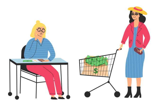 Sad poor girl saving money and happy rich woman with bag full of cart Illustration