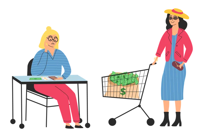 Sad poor girl saving money and happy rich woman with bag full of cart  Illustration