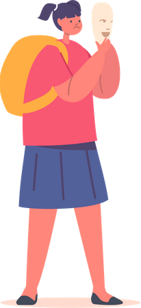 Sad Schoolgirl with Cheerful Mask Illustration