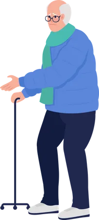 Sad senior man with tripod walking stick Illustration