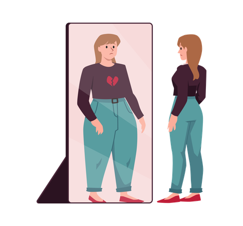 Sad skinny woman look in mirror and see  Illustration