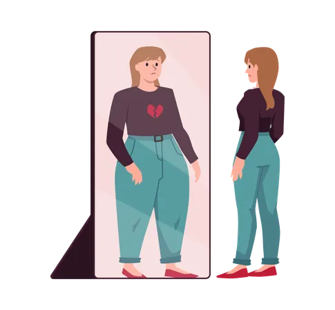 Sad skinny woman look in mirror and see  Illustration