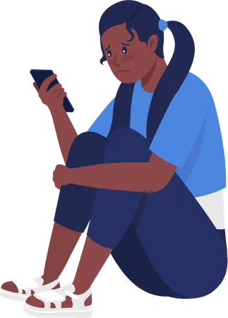 Sad Teen Girl Looking At Phone Illustration