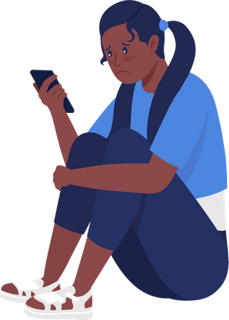 Sad Teen Girl Looking At Phone  Illustration