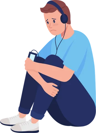 Sad Teen In Headphones Illustration